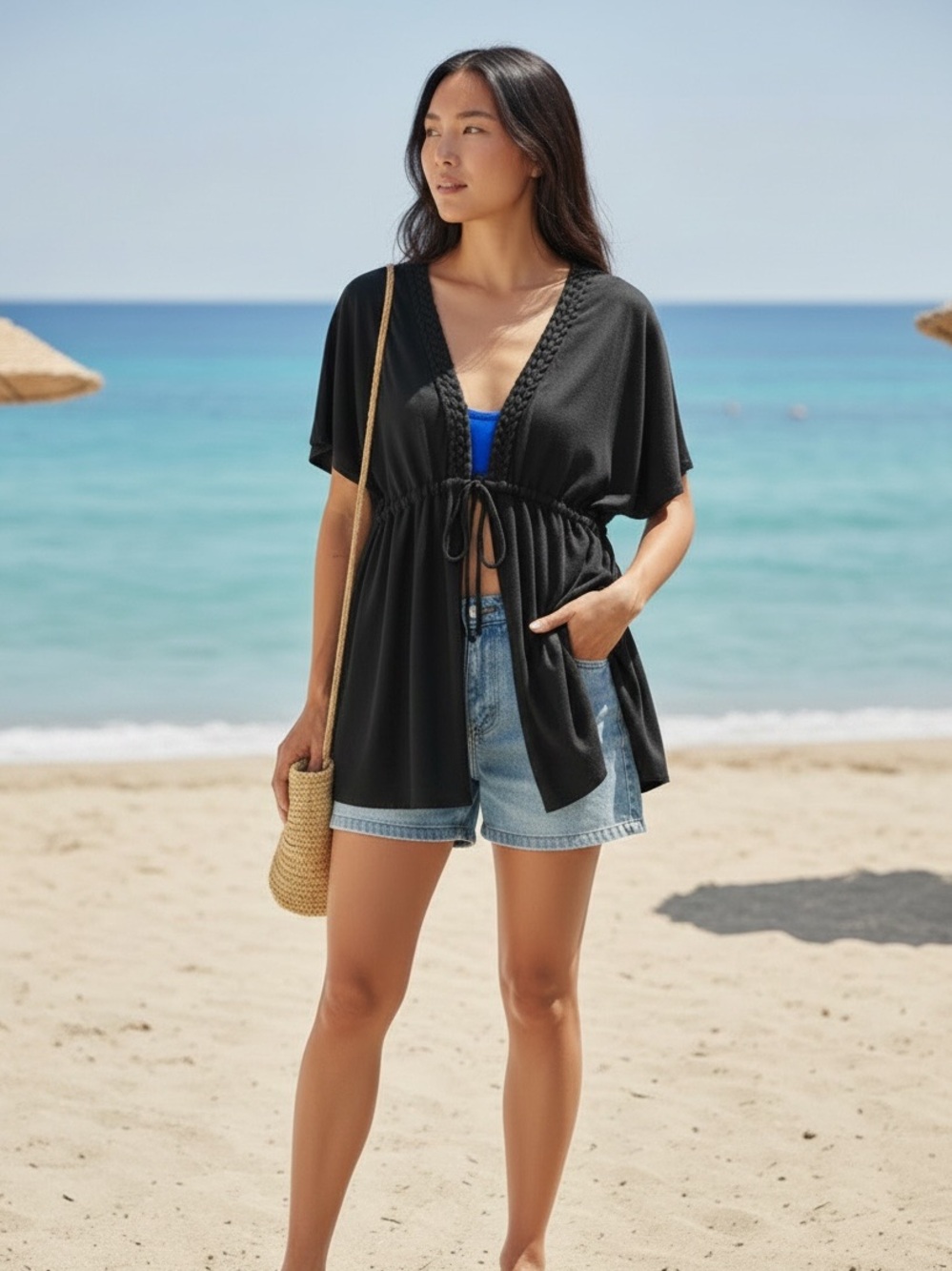 Women's Black Drawstring Swim Coverup Tunic